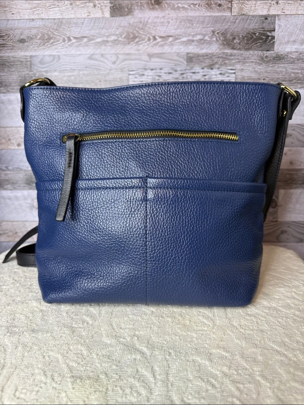 Valentina Navy Blue Pebbled Leather Crossbody with Gold Hardware